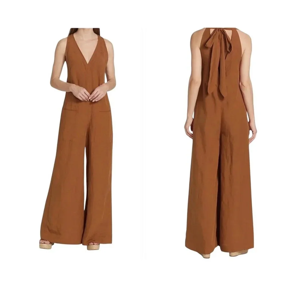 Elie Tahari Brown Wide Leg Sleeves Neck Tie Boho Chic Casual Jumpsuit Medium